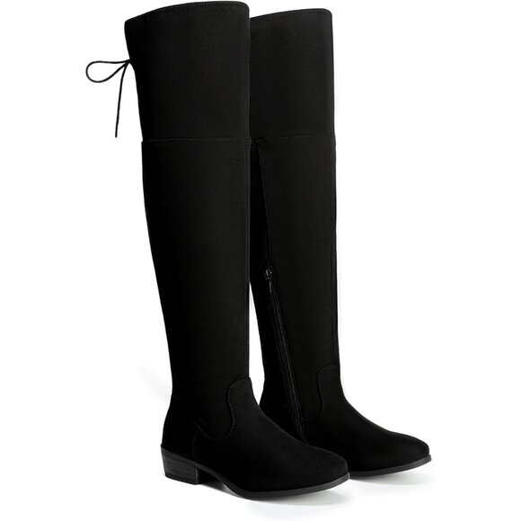 Women's Black Textile Over The Knee High Low Block Heel Pointed Toe Riding Boots - Picture 3 of 7